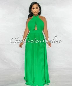 Vendor-unknown Miles Kelly Green Halter Key-Hole Maxi Pleated Dress