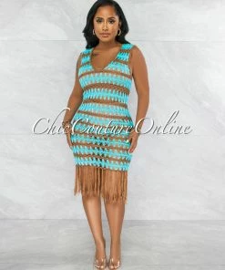 Vendor-unknown Merecia Turquoise Mocha Crochet Cover-Up Midi Dress