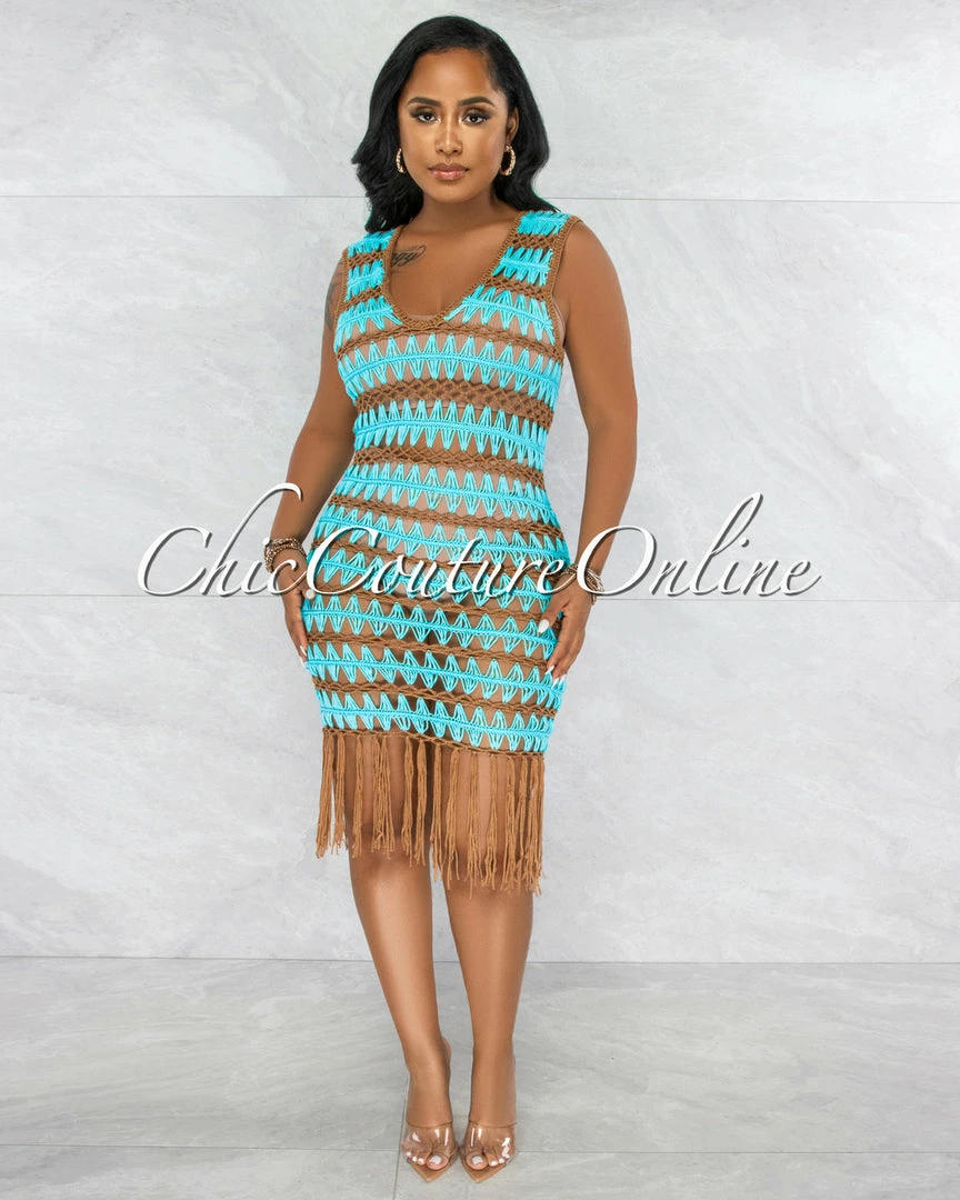 Vendor-unknown Merecia Turquoise Mocha Crochet Cover-Up Midi Dress