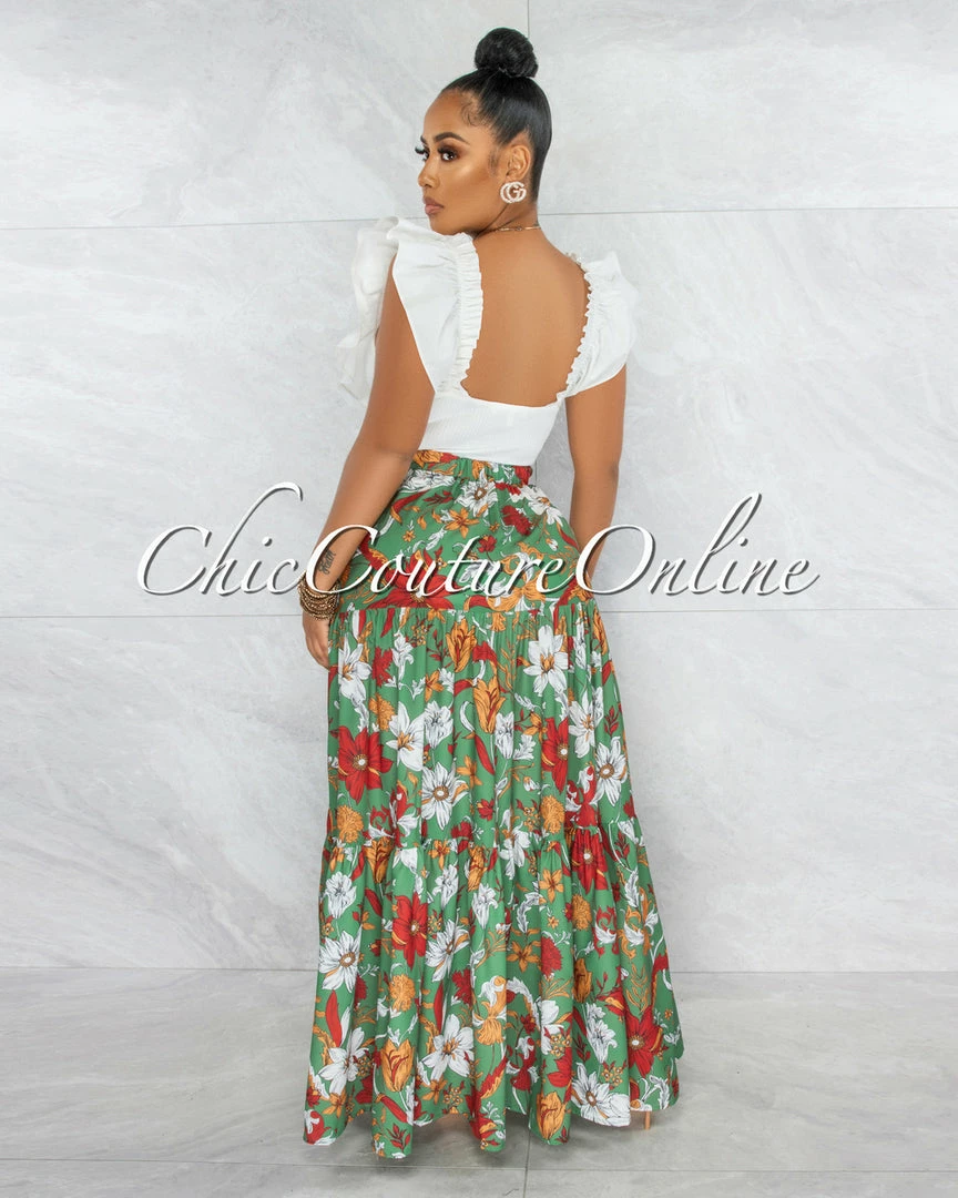 Vendor-unknown Hirma Green Rust Floral Print Maxi Skirt