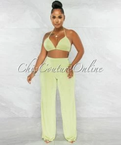 Chic Couture Online Zayda Sage Crop Top Cover-Up & Wide Pants 3 Piece Set JUST IN