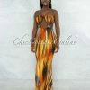 Vendor-unknown JUST IN Nesley Orange Black Print Cut-Out Gold Accent Maxi Dress