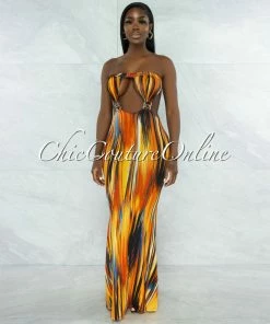 Vendor-unknown JUST IN Nesley Orange Black Print Cut-Out Gold Accent Maxi Dress