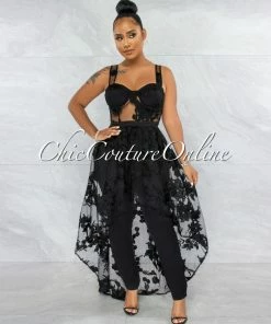 Vendor-unknown JUST IN Kiarah Black Embroidery Mesh Top & Pants Set