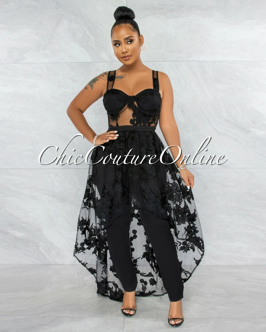 Vendor-unknown JUST IN Kiarah Black Embroidery Mesh Top & Pants Set