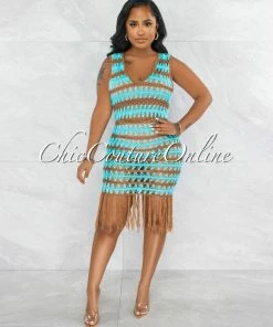 Vendor-unknown Merecia Turquoise Mocha Crochet Cover-Up Midi Dress