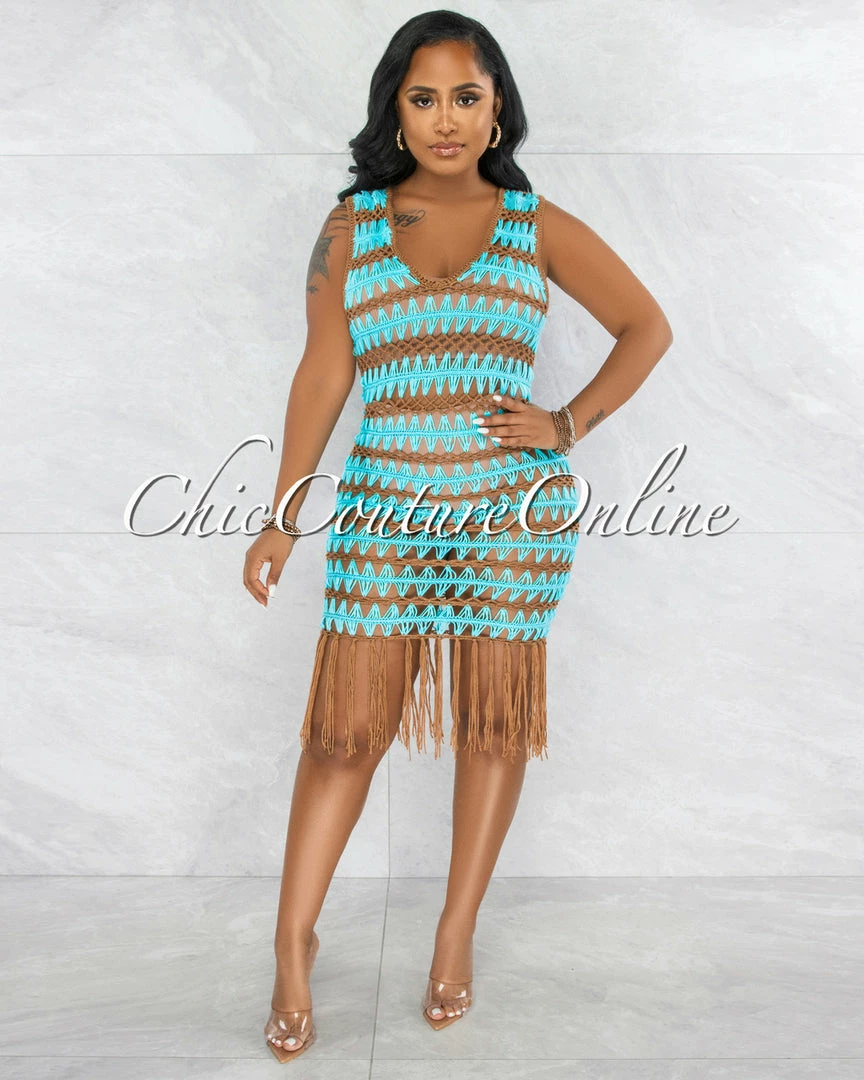 Vendor-unknown Merecia Turquoise Mocha Crochet Cover-Up Midi Dress