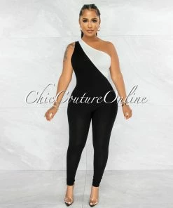 Vendor-unknown JUST IN Henrry White Black Two-Tone Front Zipper Jumpsuit