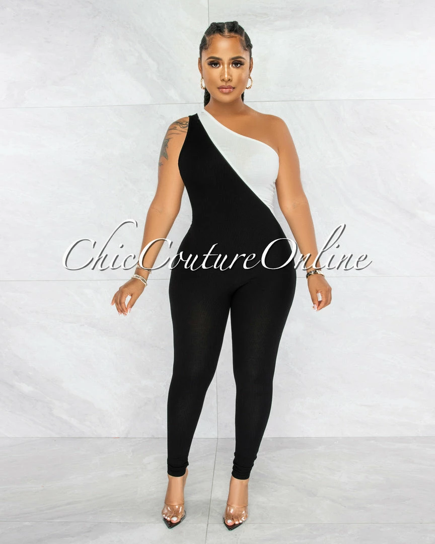 Vendor-unknown JUST IN Henrry White Black Two-Tone Front Zipper Jumpsuit