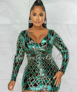 Chic Couture Online JUST IN Yvanka Black Green Gold Sequins Pattern Mini Dress