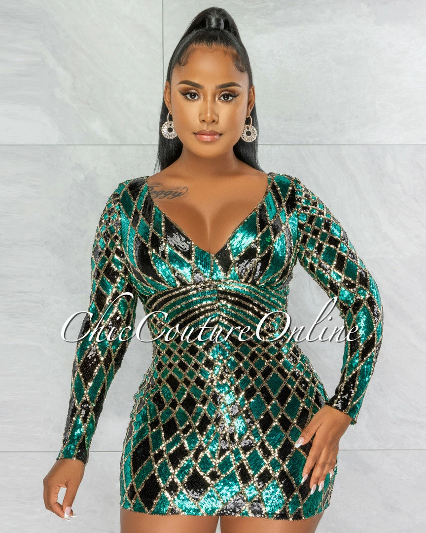Chic Couture Online JUST IN Yvanka Black Green Gold Sequins Pattern Mini Dress