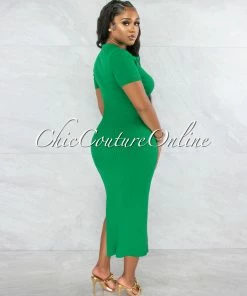 Vendor-unknown JUST IN Colanda Kelly Green Ribbed Collar Maxi Dress