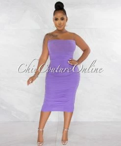 Chic Couture Online JUST IN Zerada Lavender Mesh Ruched Midi Dress