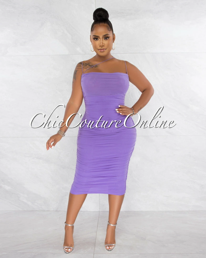 Chic Couture Online JUST IN Zerada Lavender Mesh Ruched Midi Dress