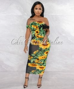 Vendor-unknown Norvel Black Sunflower Print Ruched Midi Dress JUST IN