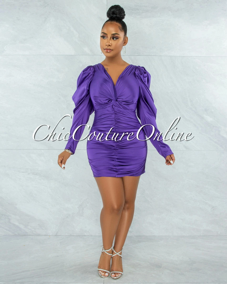 Vendor-unknown JUST IN Jeniffer Purple Knot Top Ruched Satin Dress
