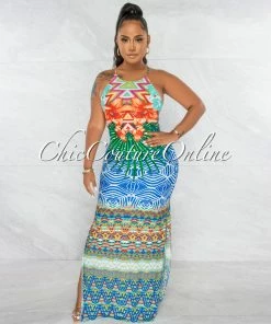 Chic Couture Online Kristian Multi-Color Print Strappy Back Maxi Dress JUST IN
