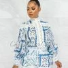 Vendor-unknown JUST IN Muslie White Blue Crochet Pearl Sheer Blouse & Shorts Set