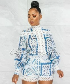 Vendor-unknown JUST IN Muslie White Blue Crochet Pearl Sheer Blouse & Shorts Set