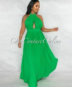 Vendor-unknown Miles Kelly Green Halter Key-Hole Maxi Pleated Dress