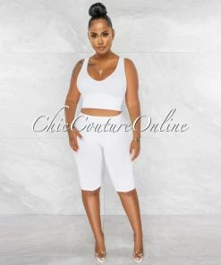 Chic Couture Online JUST IN Jaiden White Ribbed Crop Top & Bike Shorts Set