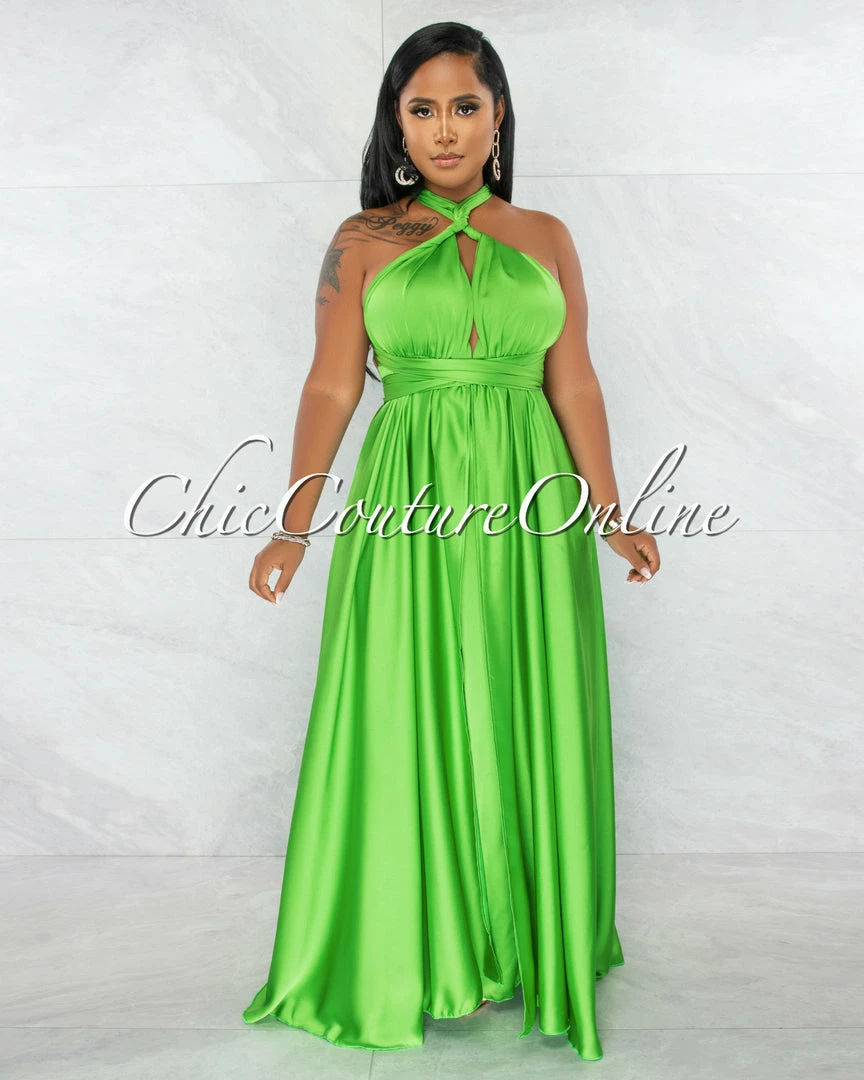 Chic Couture Online Lorenie Green Deep-V Multi-Way High Slits Silky Maxi Dress