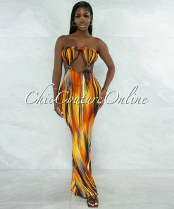 Vendor-unknown JUST IN Nesley Orange Black Print Cut-Out Gold Accent Maxi Dress