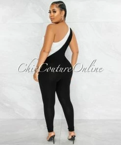 Vendor-unknown JUST IN Henrry White Black Two-Tone Front Zipper Jumpsuit