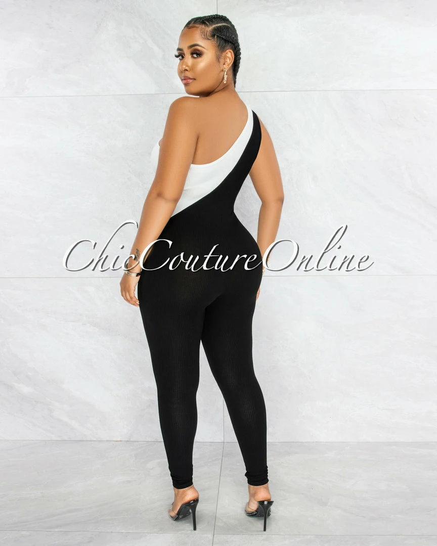 Vendor-unknown JUST IN Henrry White Black Two-Tone Front Zipper Jumpsuit