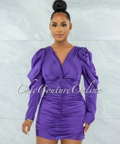 Vendor-unknown JUST IN Jeniffer Purple Knot Top Ruched Satin Dress