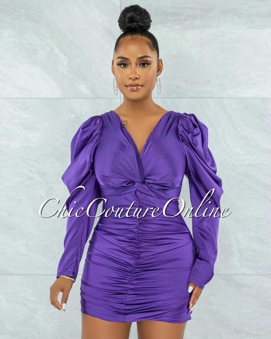 Vendor-unknown JUST IN Jeniffer Purple Knot Top Ruched Satin Dress