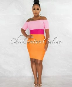 Chic Couture Online Murielle Pink Orange Block Color Bandage Mini Dress JUST IN