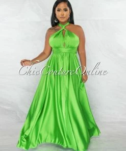 Chic Couture Online Lorenie Green Deep-V Multi-Way High Slits Silky Maxi Dress