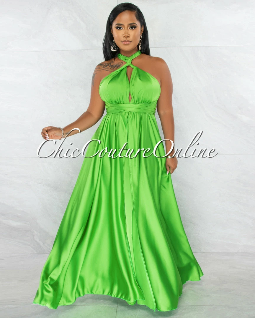 Chic Couture Online Lorenie Green Deep-V Multi-Way High Slits Silky Maxi Dress