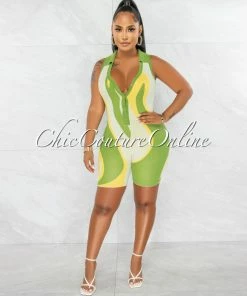 Chic Couture Online JUST IN Camille Green Nude Yellow Retro Knit Romper