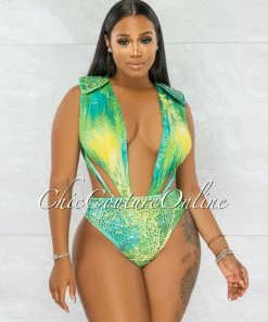 Chic Couture Online JUST IN Siren Green Palm Print Rhinestones Luxe Swimsuit & Cover-up
