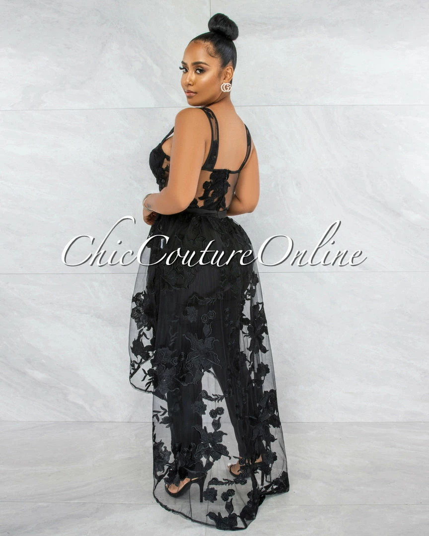 Vendor-unknown JUST IN Kiarah Black Embroidery Mesh Top & Pants Set