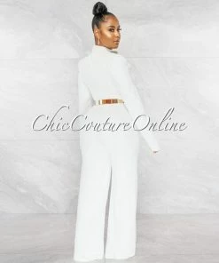 Chic Couture Online Gianna Off-White Padded Shoulders Gold Belt Luxe Jumpsuit