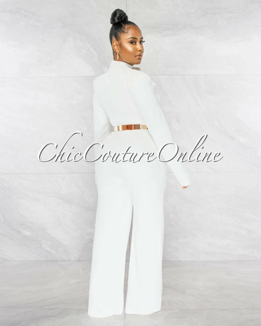 Chic Couture Online Gianna Off-White Padded Shoulders Gold Belt Luxe Jumpsuit