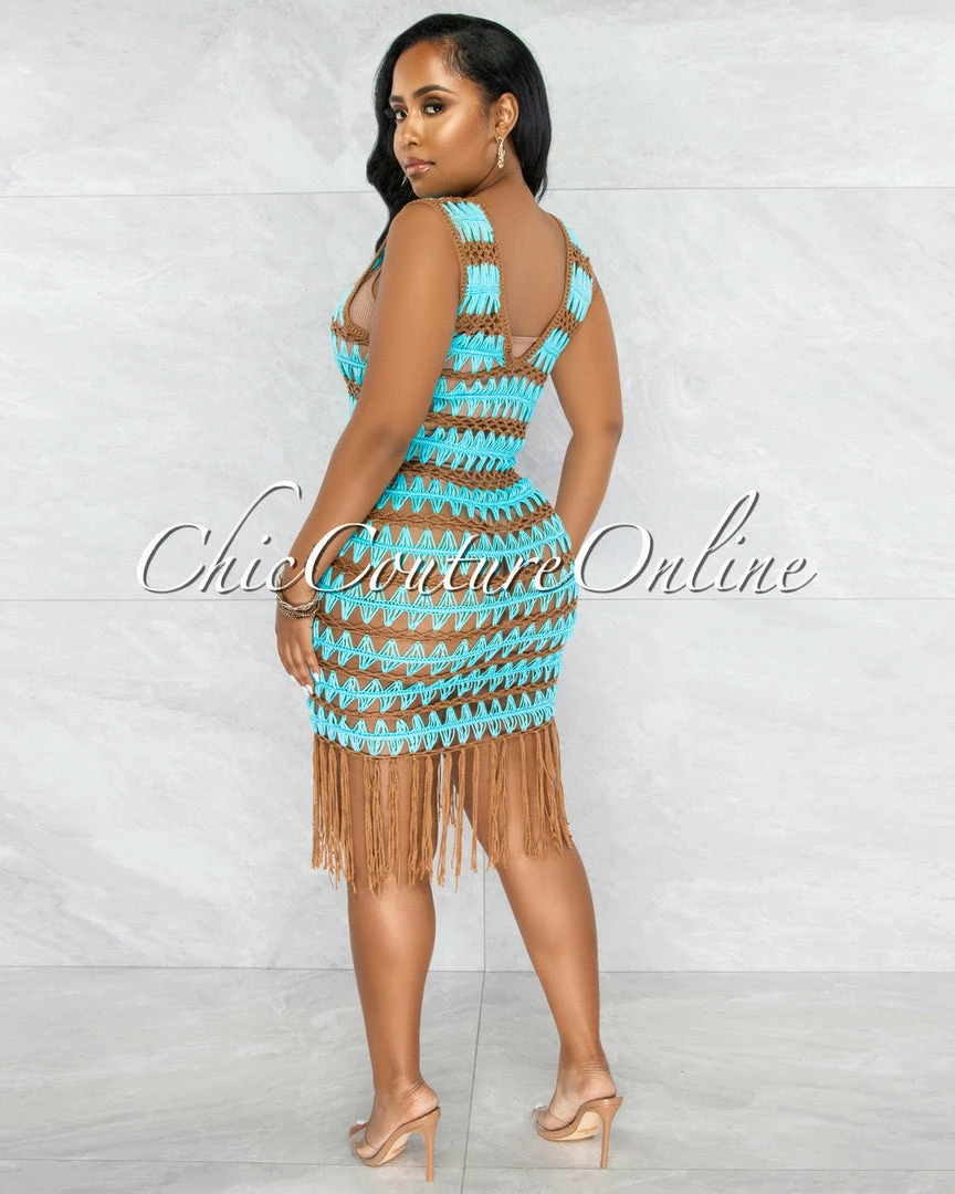 Vendor-unknown Merecia Turquoise Mocha Crochet Cover-Up Midi Dress