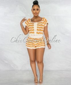 Vendor-unknown JUST IN Ferran Ivory Orange Chevron Crochet Top & Shorts Set