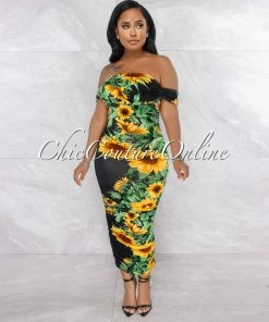 Vendor-unknown Norvel Black Sunflower Print Ruched Midi Dress JUST IN
