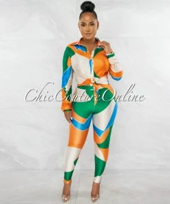 Chic Couture Online Paulina Orange Nude Print Buttoned Top & Leggings Set JUST IN