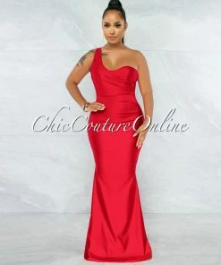 Chic Couture Online JUST IN Fernanda Red Single Shoulder Draped Maxi Dress