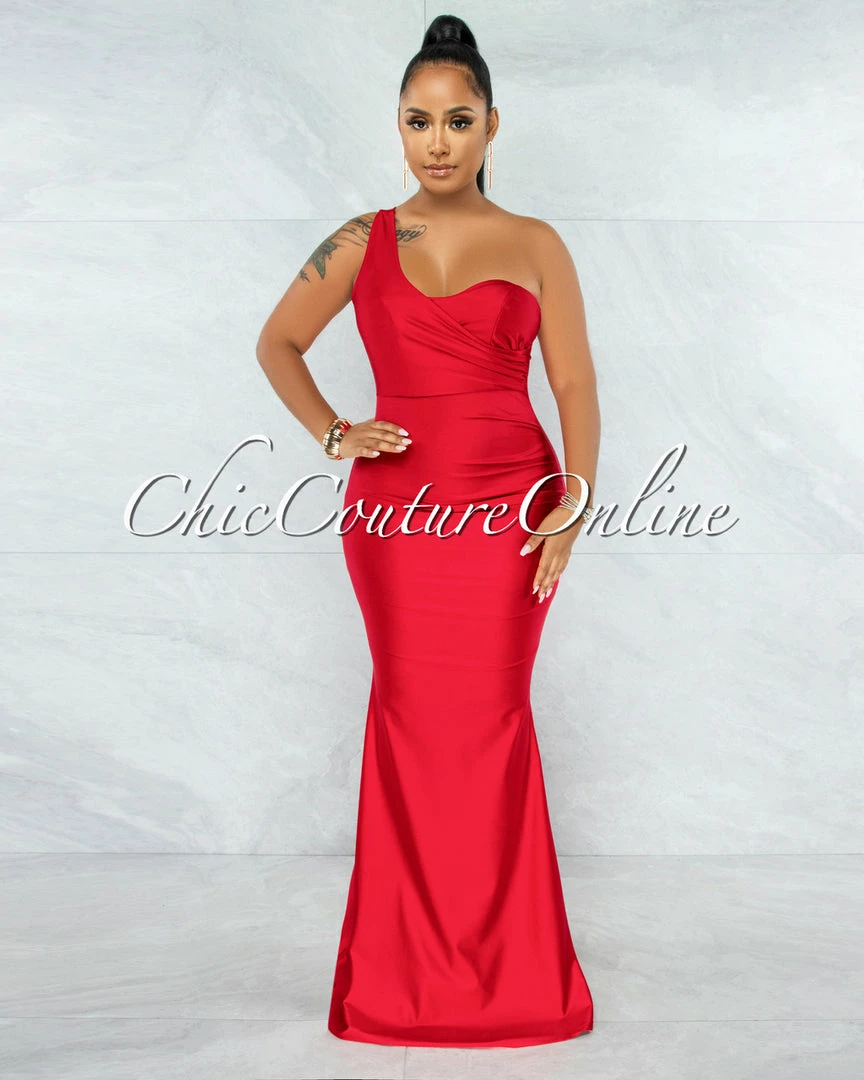 Chic Couture Online JUST IN Fernanda Red Single Shoulder Draped Maxi Dress