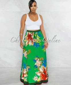Vendor-unknown JUST IN Jayna Kelly Green Tropical Floral Print Maxi Skirt