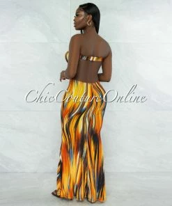 Vendor-unknown JUST IN Nesley Orange Black Print Cut-Out Gold Accent Maxi Dress