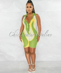 Chic Couture Online JUST IN Camille Green Nude Yellow Retro Knit Romper