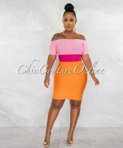 Chic Couture Online Murielle Pink Orange Block Color Bandage Mini Dress JUST IN