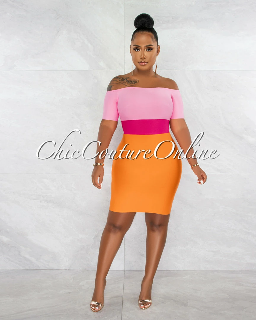 Chic Couture Online Murielle Pink Orange Block Color Bandage Mini Dress JUST IN